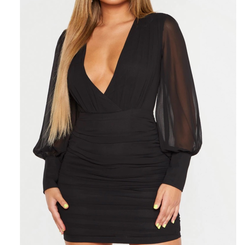 Black Long Sleeve Chiffon Ruched Bodycon Dress